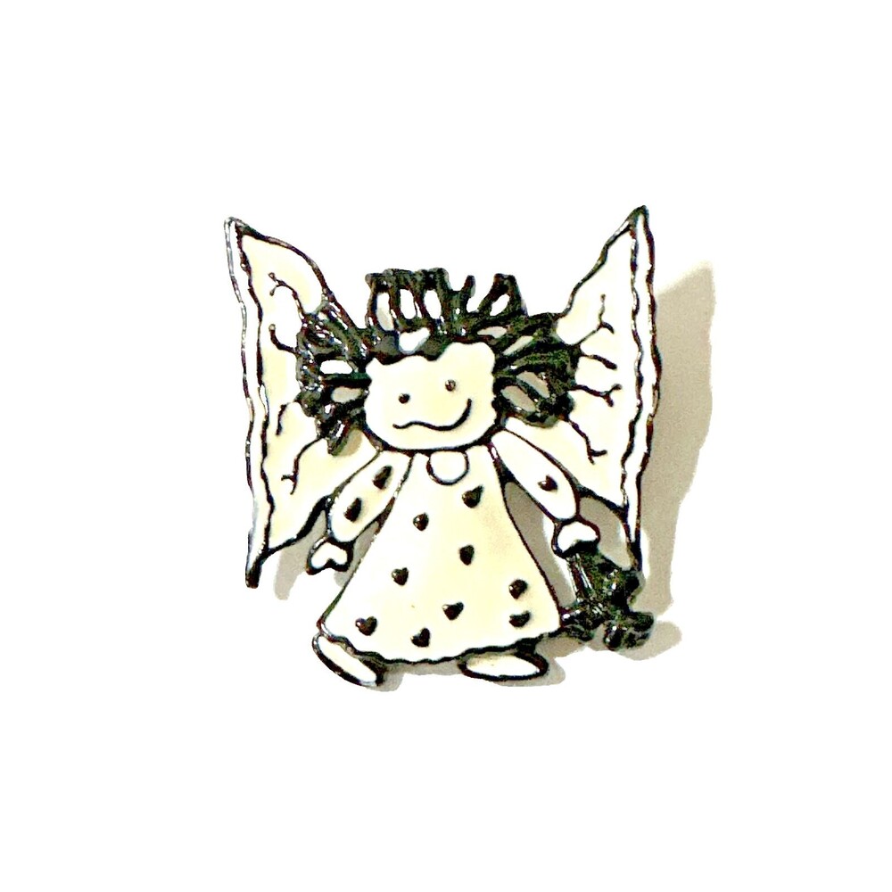 Vintage Steinmetz Angel Brooch Black White Drawing Cartoon Enamel Pin 1 3/4"